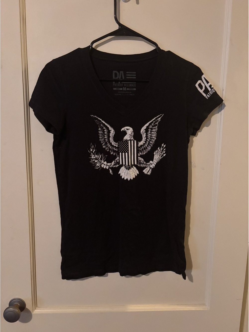Patriot Alliance Black V-Neck T-Shirt with Eagle and Flag Print, Size Medium